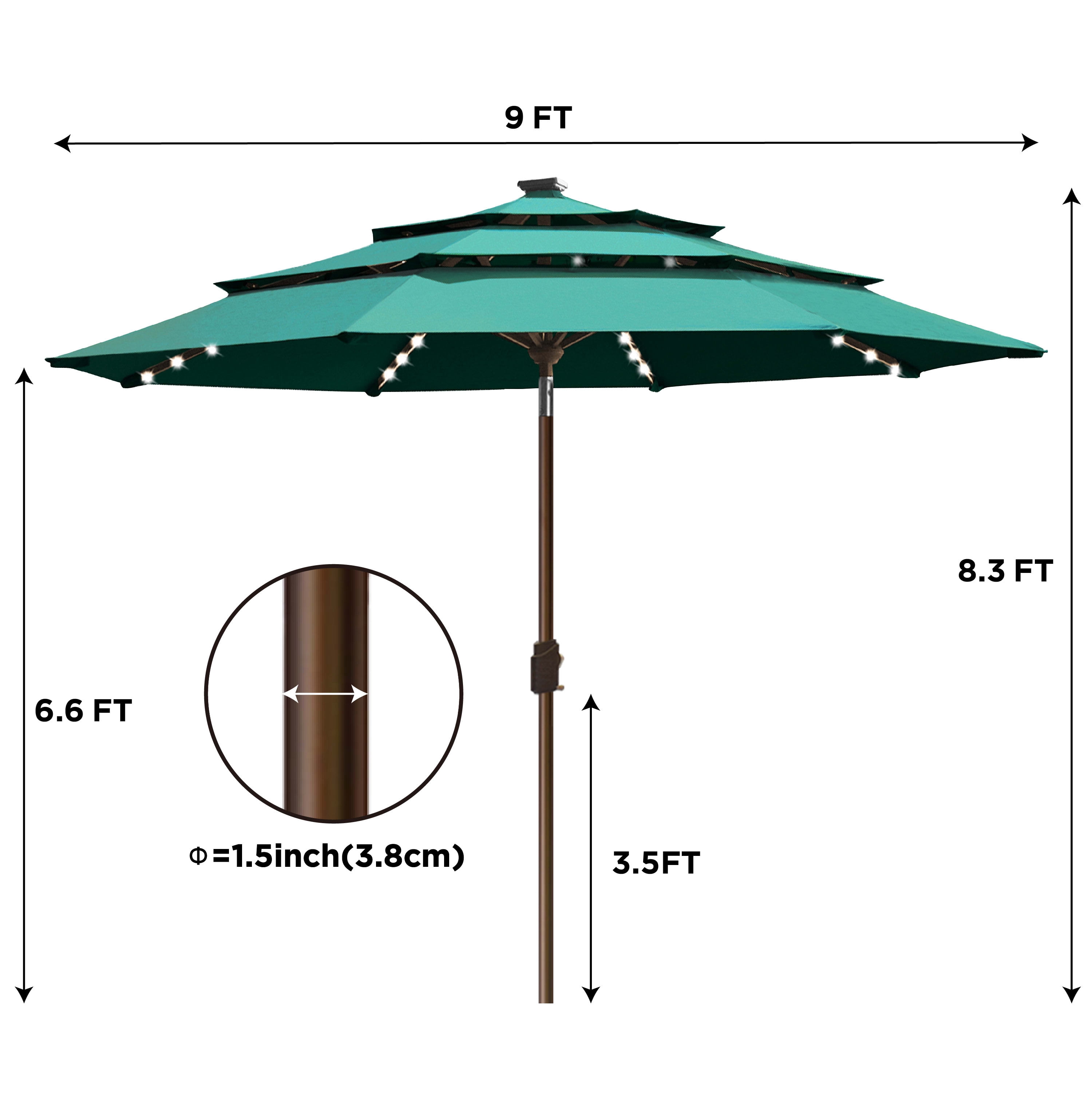 eliteshade 9' 3-tiered sunbrella patio umbrella. USA 10-Year-Non-Fading 9ft 3-Tier Market Umbrella, Commercial Table Umbrella with 80 Solar LED Lights, Crank Open, Windproof & UPF 50+ UV Protection for Garden, Deck, Pool, Backyard, Royal Tier Pagoda Design Market Umbrella EliteShade USA 10-Year-Non-Fading 9ft 3-Tier