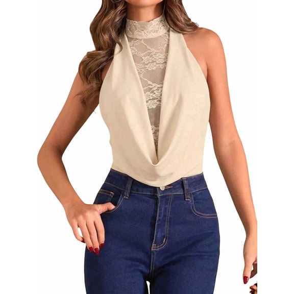 Women'S Halter High Neck Lace Mesh Draped Collar Backless Sleeveless Bodysuit Color XXL