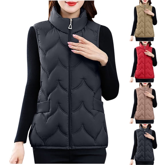 Hueook Womens Puffer Vest Women's Sleeveless Solid Color Warm Casual Jacket without Hat Pockets Red XL