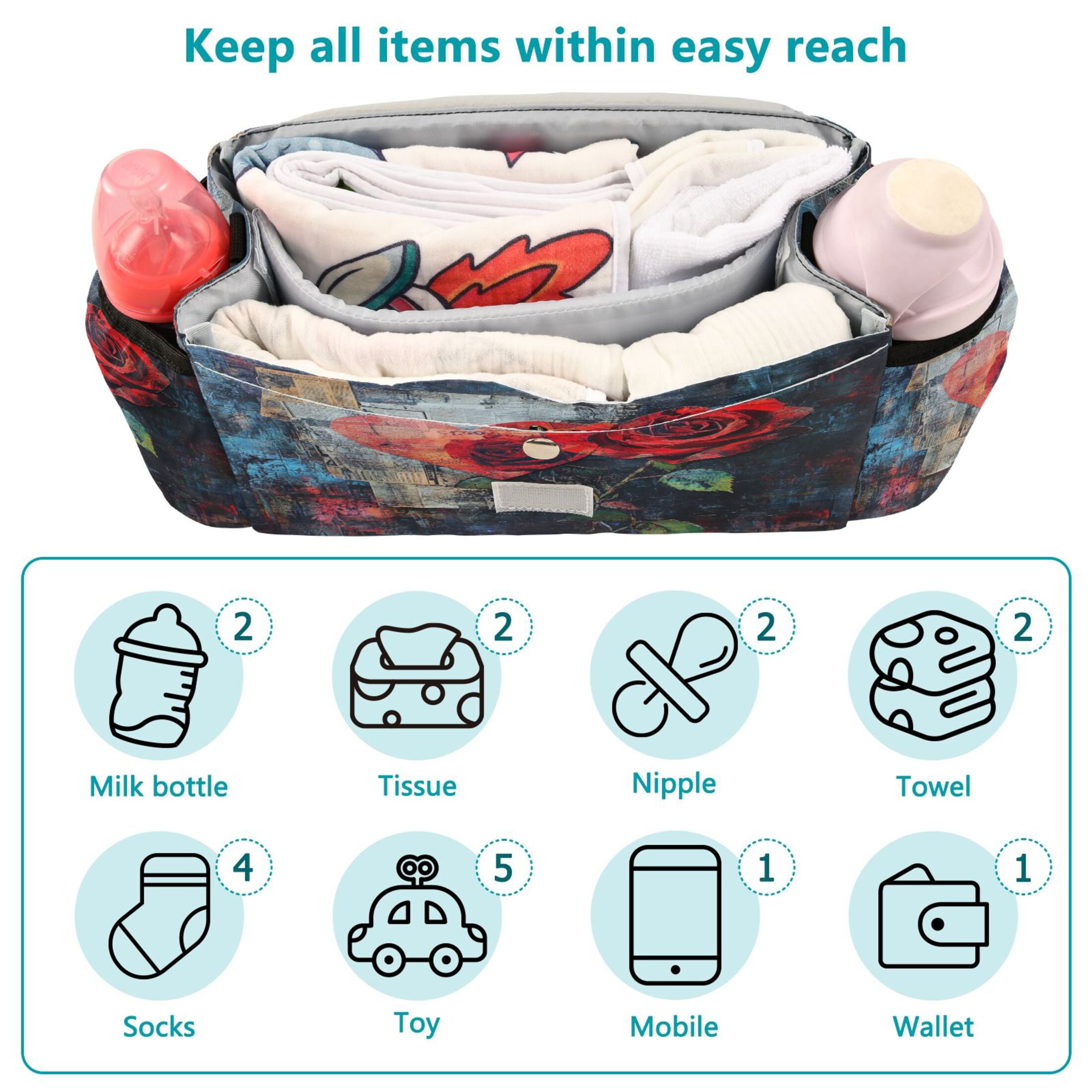 DIXRUYEE Stroller Organizer Hearts in Bloom Printed