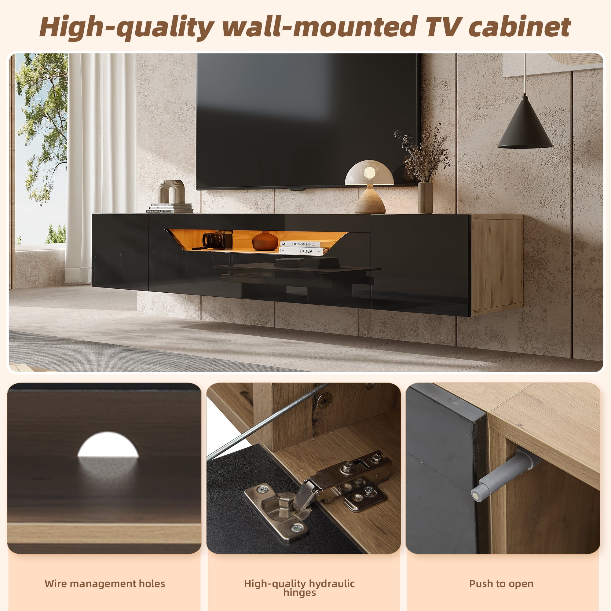 Homy Casa meuble TV flottant 64,9 po pour téléviseurs jusqu’à 65 po, console murale avec DEL par appli, noir lustré et chêne