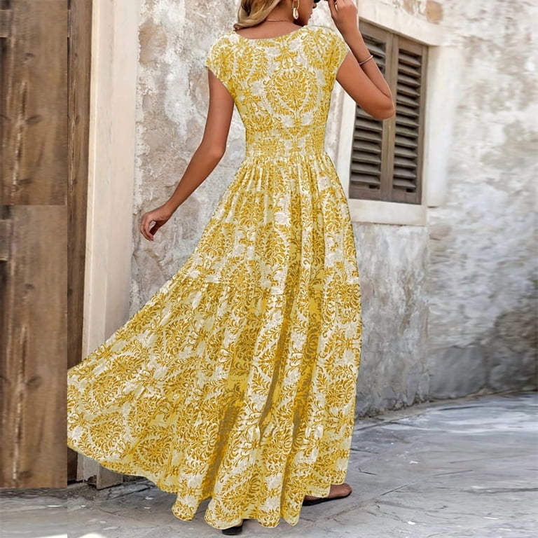 VIWORLD Women's Floral Print V-Neck Maxi Dress
