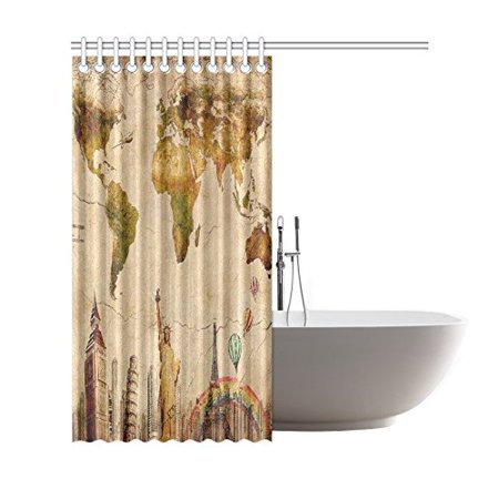 Gckg Vintage World Map Shower Curtain City Landmark World Travel