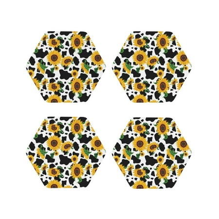 

Tebeau Cute Cow Print Sunflower D Print Set of 4 Leather Drink Coasters Round Cup Mat Pad for Home and Kitchen Use 4 -Hexagon