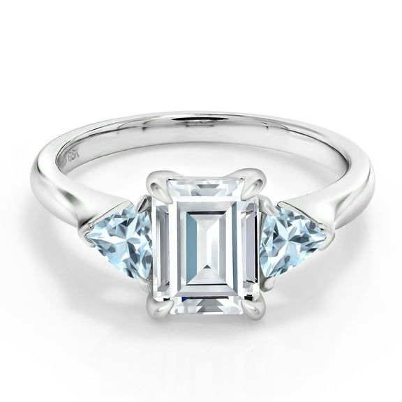 Gem Stone King 925 Sterling Silver White Moissanite and Sky Blue Aquamarine 3-Stone Ring for Women (2.09 Cttw, 8X6MM Emerald Cut and 3.5 Trillion, Gemstone Birthstone, Size 6)
