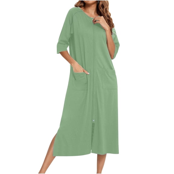 JUSLIO Womens Nightgown Solid Robes 3/4 Sleeve Pajama Dress Classic Collar Sleepwear Army Green Nightgown Sleep Dress Nightgowns Loungewear