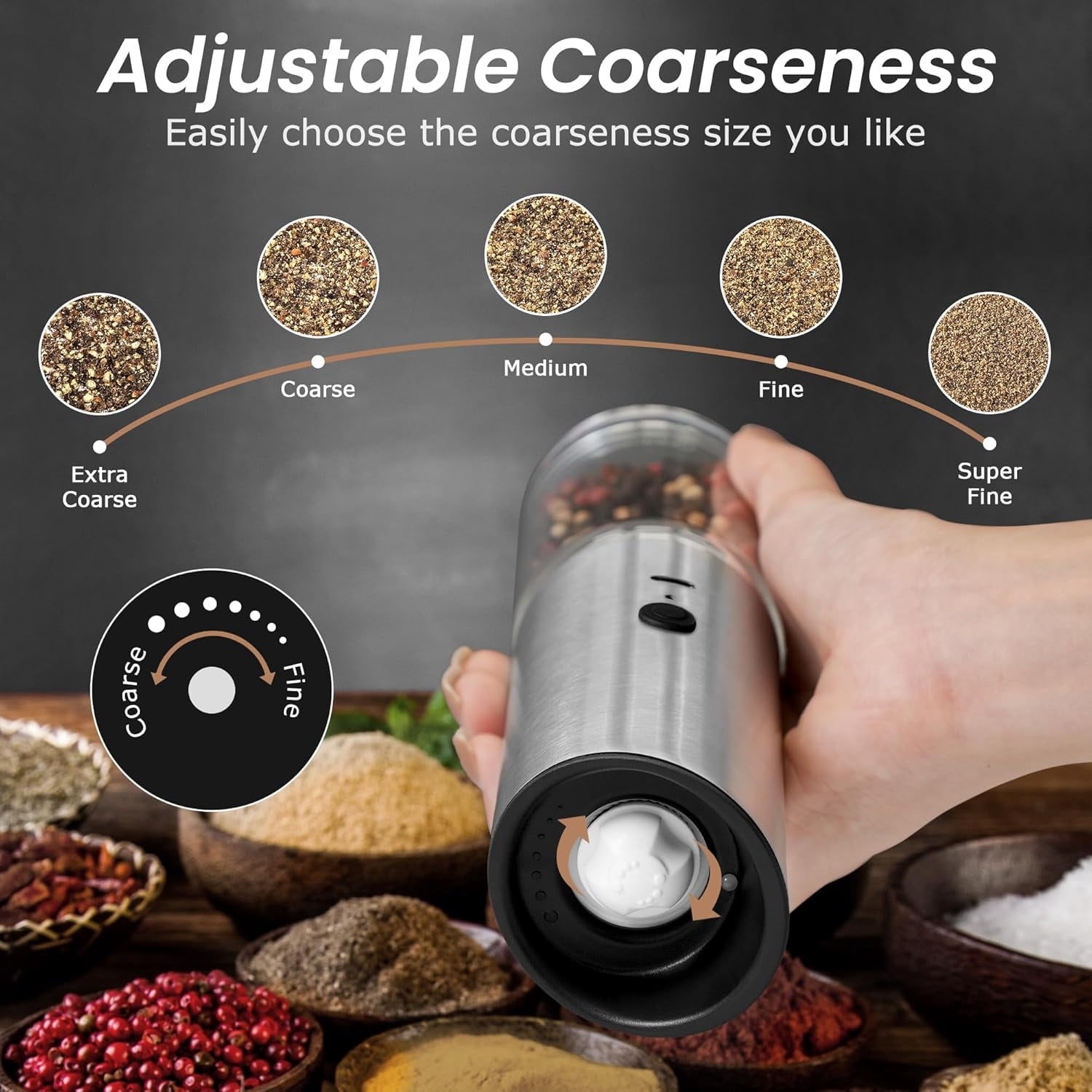 Electric Salt and Pepper Grinder Set Rechargeable with LED Light Automatic Stainless Steel Spice Mill Adjustable Coarseness