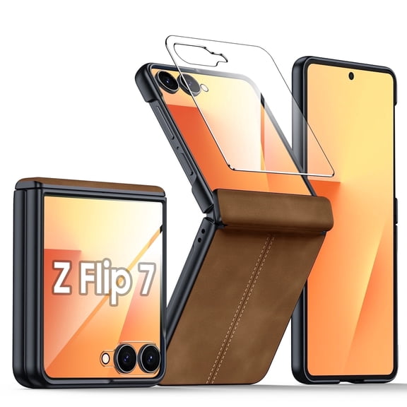 Vizvera for Samsung Galaxy Z Flip 7 Phone Case,with Screen Protector,Hinge Protection,Wireless Charging,Ultra Thin Leather PC Shockproof Case-Brown