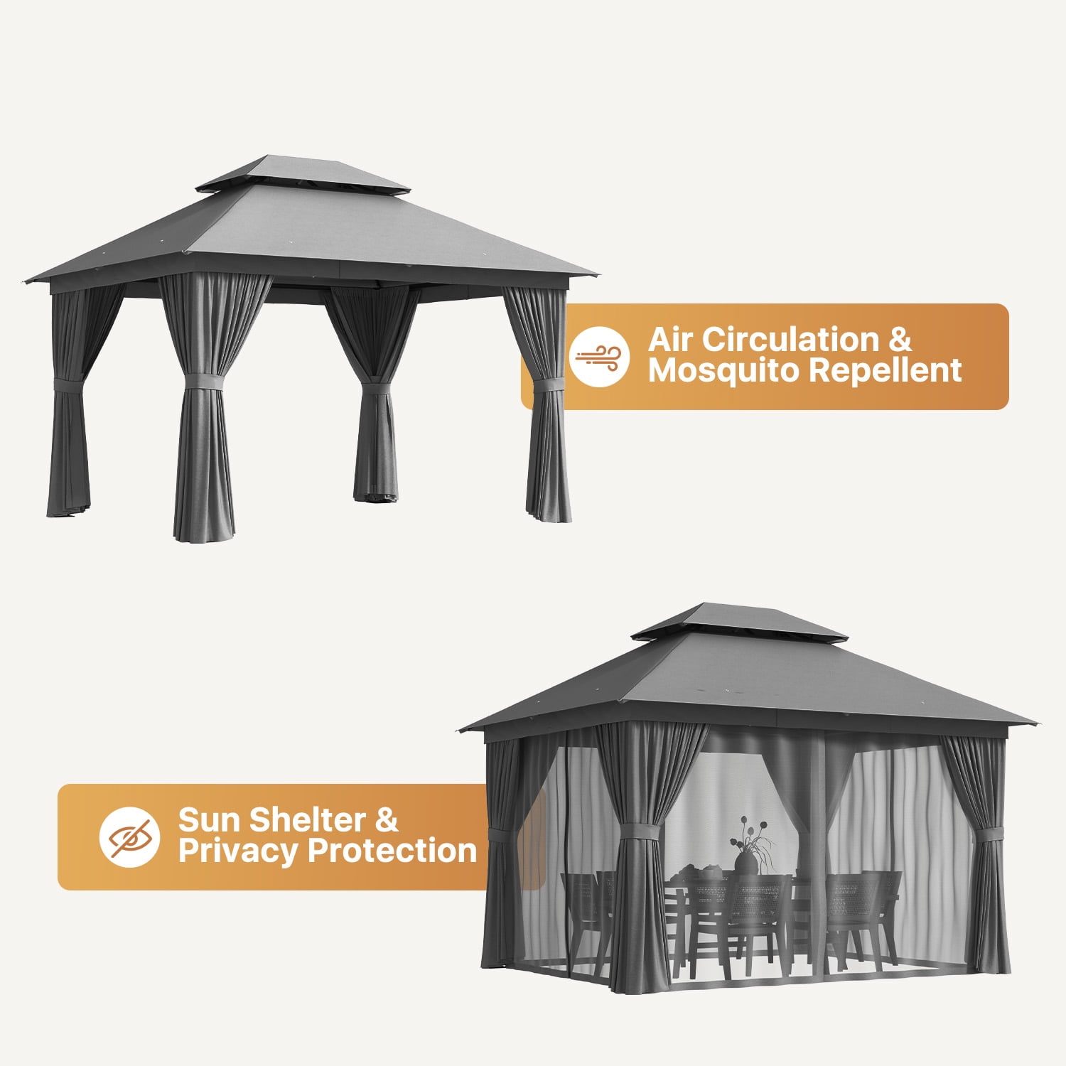 BaPiPro 10'x12' Patio Gazebo, Heavy Duty Double Roof Outdoor Canopy Tent, Mosquito Netting & Sidewall Curtains Included, UV/Wind Resistant Shelter for Garden, Deck, Backyard (Gray)
