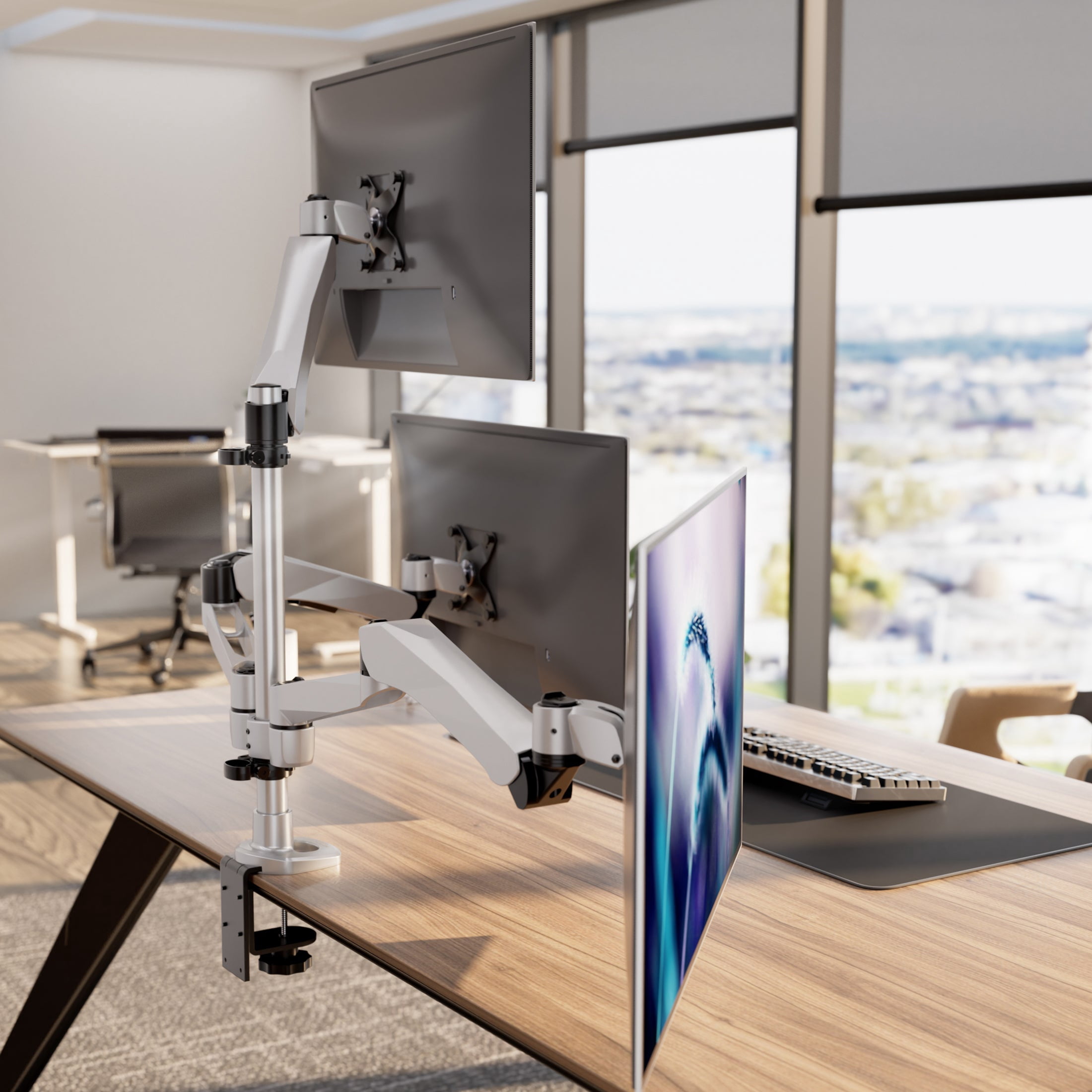 CLiX Series Full Motion Triple Pyramid Monitor Desk Mount with Gas Spring Arms