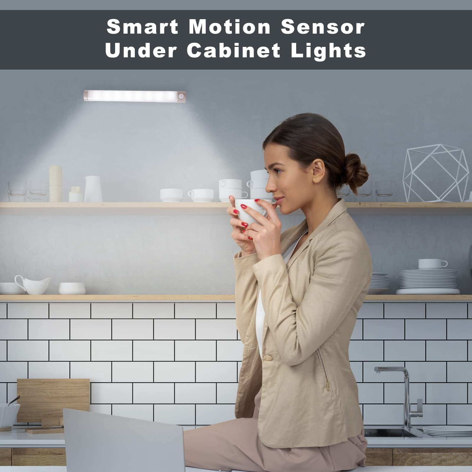 ADAZ Wireless Strip Rechargeable Motion Sensor Under Cabinet Lights for Kitchen Closet 4 Pack 7.3 In