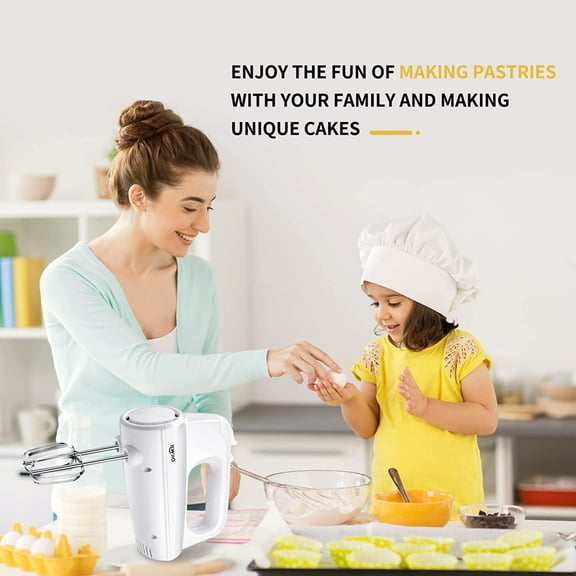 250W Electric Hand Mixer with 5-Speed   , 5 Stainless Steel Attachments, Lightweight for Baking & Cooking  White