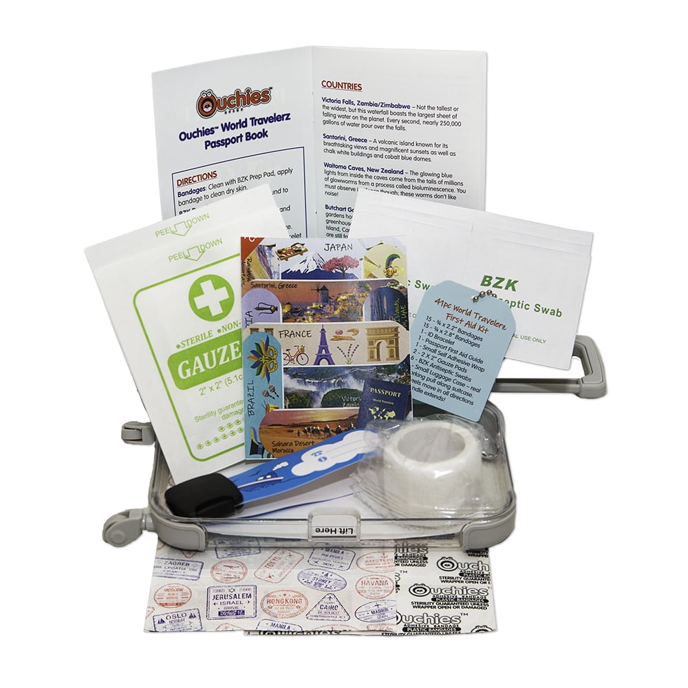 Ouchies World Travelerz 41 Piece (PC) First Aid Kit in luggage with passport for Kids: First Aid and Gift Children to Adults