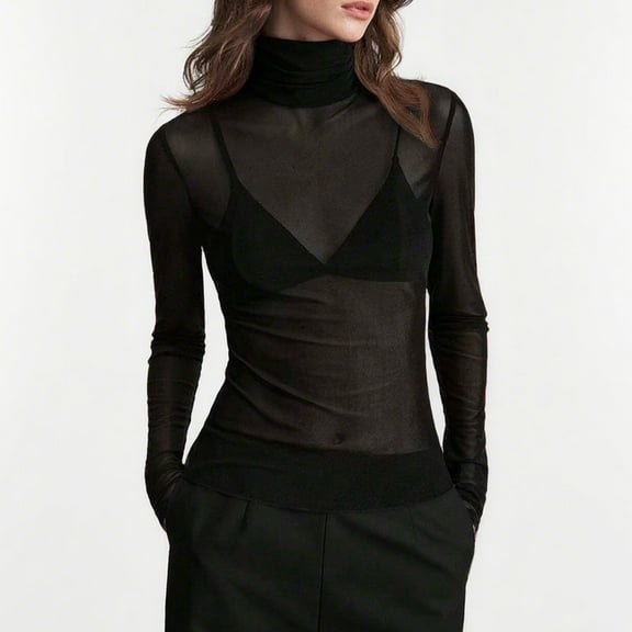 EchfiProm Tops for Women Mesh Pullover Black Slim Fit Mock Neck Long Sleeve Trendy Ladies Undershirts