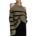 thumbnail image 2 of Pullover Knit Sweaters for Women Loose Fit Striped Long Sleeve Casual Fall Fashion Tops Sex-Y Cold Shoulder Matcha Color One size, 2 of 7