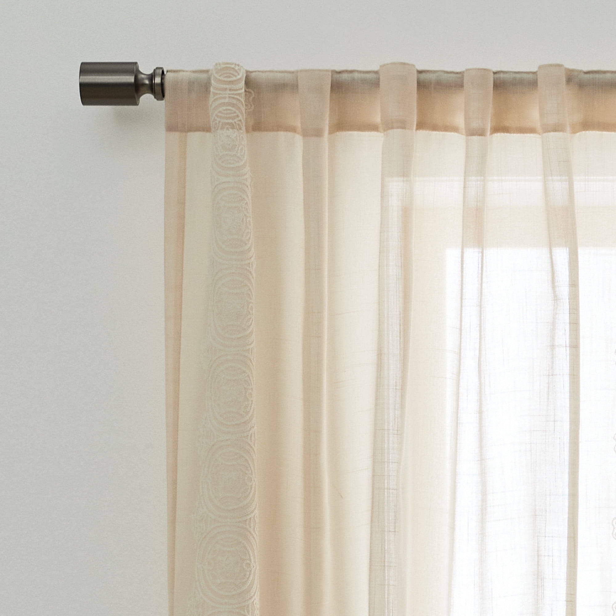 Better Homes & Gardens Embroidered Border Papyrus Beige Light Filtering Pole Top Back Tab Single Curtain Panel, 50" W x 84" L