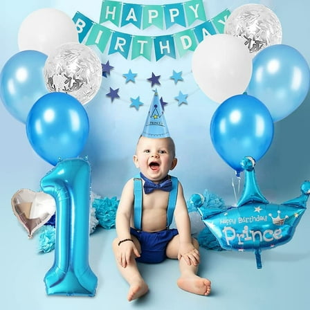 AOWEE 1st Boy Birthday Decoration, 1 Year Old Blue White Balloon Arch with Blue Star Cake Toppers, Blue Silver Confetti Balloons for Boy Baby Shower, 1st Birthday Anniversary Party
