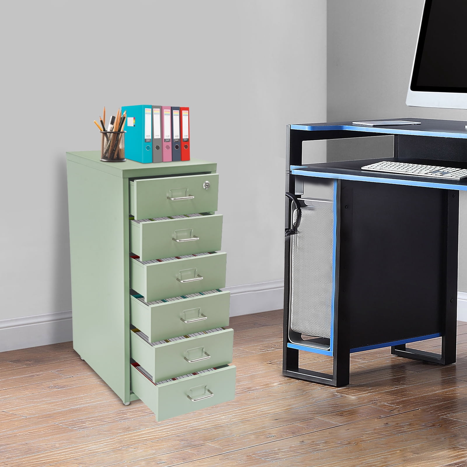 Cream Green Metal 28*41*69cm 6-Layer Wheeled File Lock Cabinet Movable Locker Multi-Layer Drawer Filing Cabinet