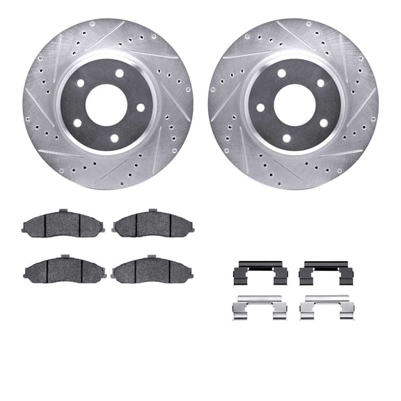 Dynamic Friction Company Front Brake Rotors-Drilled and Slotted-Silver with 5000 Advanced Brake Pads includes Hardware 7512-52064