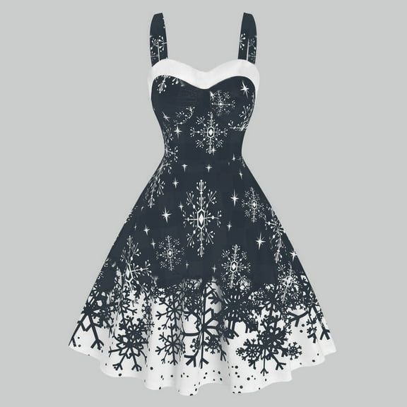 BLTIBY Womens Christmas Camisole Dresses Snowflake Print Furry Trim Vintage V-Neck Dress Mrs Santa Claus Holiday Cocktail Party Sleeveless Swing Dress A-Line Midi Outfits Black XXL