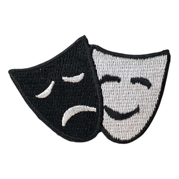 Comedy and Tragedy Masks Embroidered Iron On Patch, Theater Drama Mask Applique, 2.38 inch x 1.62 inch