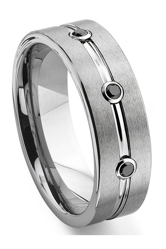 Tungsten Carbide Black Diamond Ribbed Comfort Fit Mens Wedding Band Ring Sz 10.0