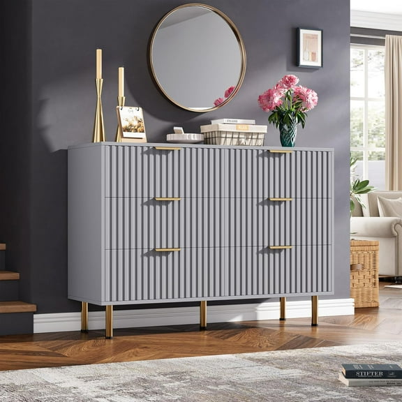 6 Drawer Dresser for Bedroom, Fluted 47.2 in Wide Modern Chest of Drawers with Deep Drawers, Long Large Double Dresser TV Stand, Wooden Dresser Organizer for Living Room, Hallway, Kids Room, Grey