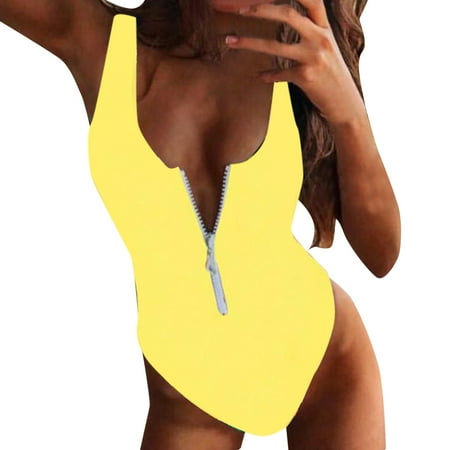 Yellow Swimsuit Bikini And Thong Women s Sexy Zipper Solid Swimwear Swimsuit Bikini Swimming Beachwear