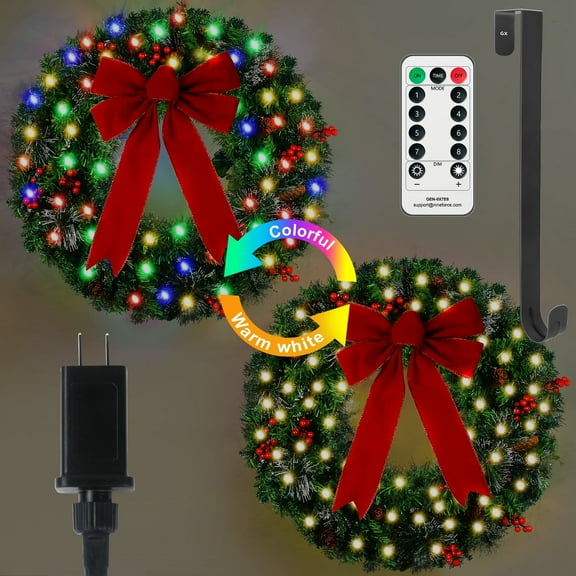24" Prelit Christmas Wreath for Front Door Decorations with 50 Lights, Timer and Remote, Pre-Decorated Pinecone and Berries, Bow & Hanger