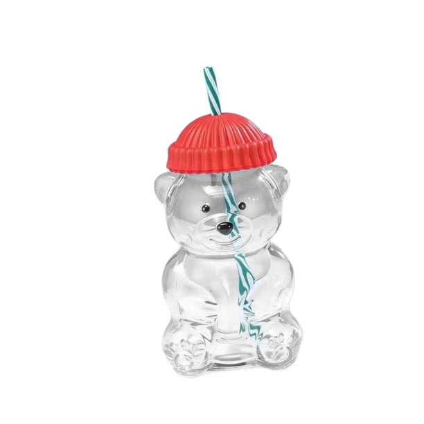 Vaso de cristal decorativo con forma de oso, 560 ml, vacío, con pajitas para café Rojo