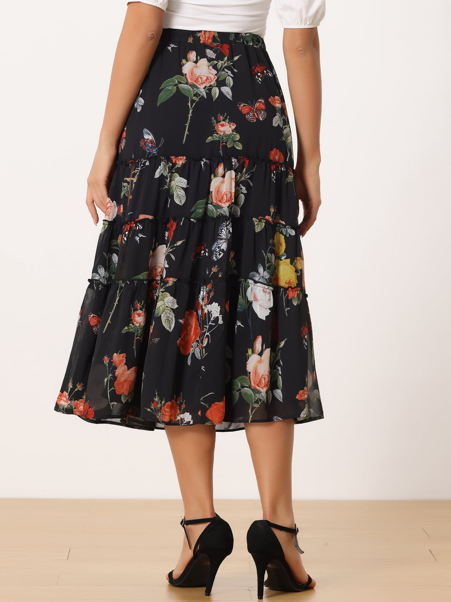 DARING DIVA Women's Chiffon Tiered A-Line Maxi Skirt L Black Pink