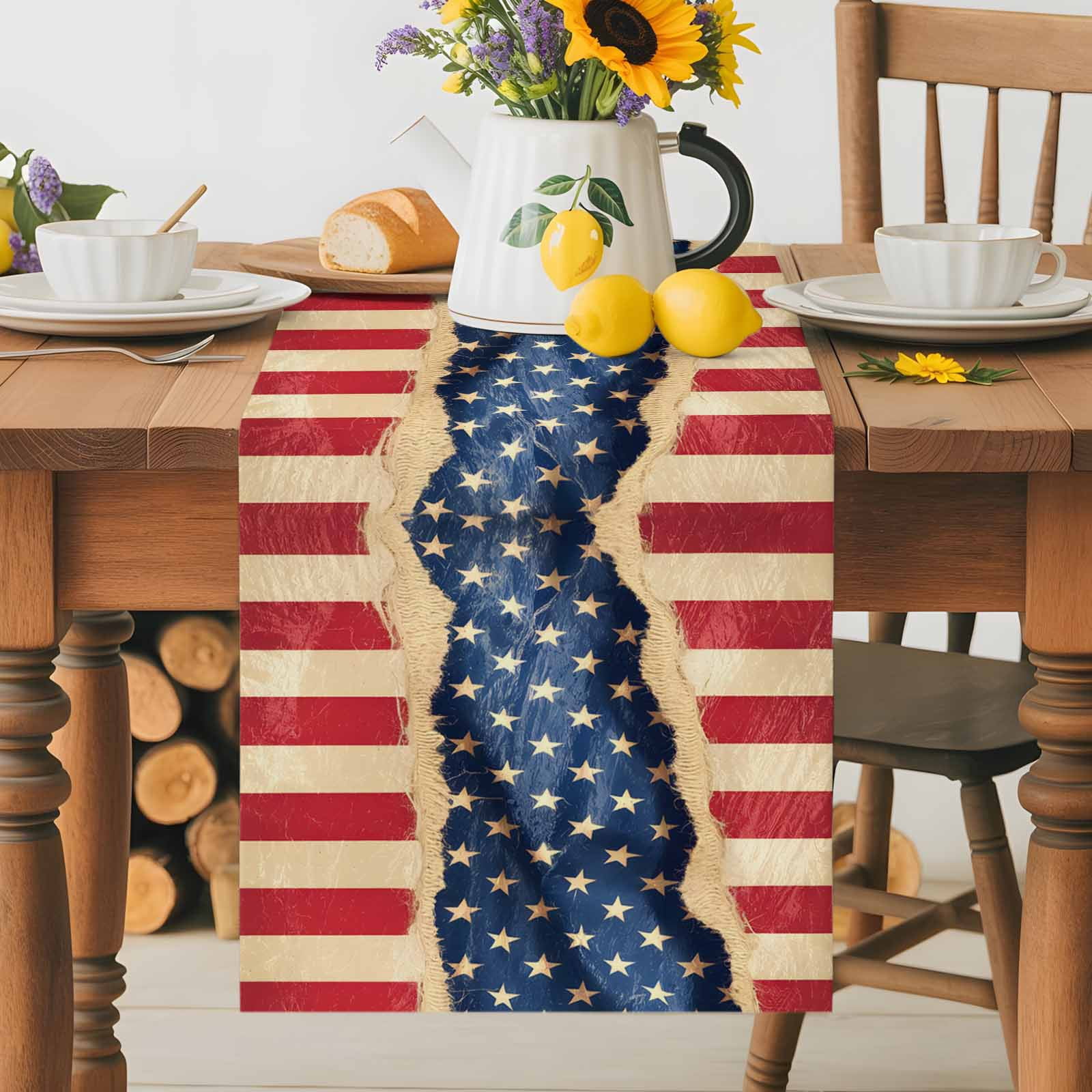 4th of July Patriotic Star Stripe Table Runner 90 Inches Long, Retro USA Flag Memorial Day Table Runners Tabletop Scarf Kitchen Dining Tables Decoration for Home Party Indoor Outdoor