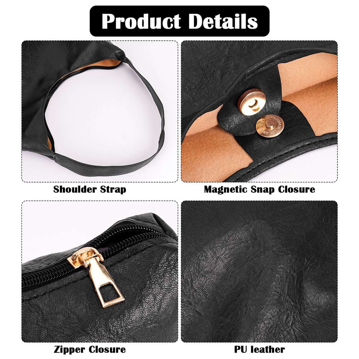 Spencer Retro PU Bags for Women Tote Bag with Purse Slouchy Bag Hobo Handbag Crescent Satchels Shoulder Bag, 2pcs Bag Set, Black