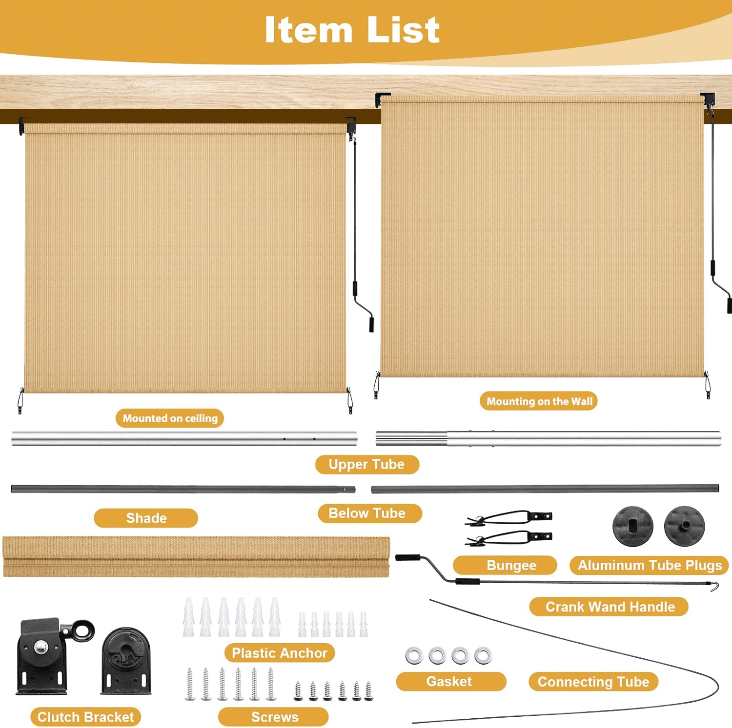 LIFERUN Outdoor Roller Sun Shade 8'W x 8'H, HDPE Shade Cloth & Aluminum Tube, Easy Install for Outdoor Pergola, Porch, and Garden (Sesame)