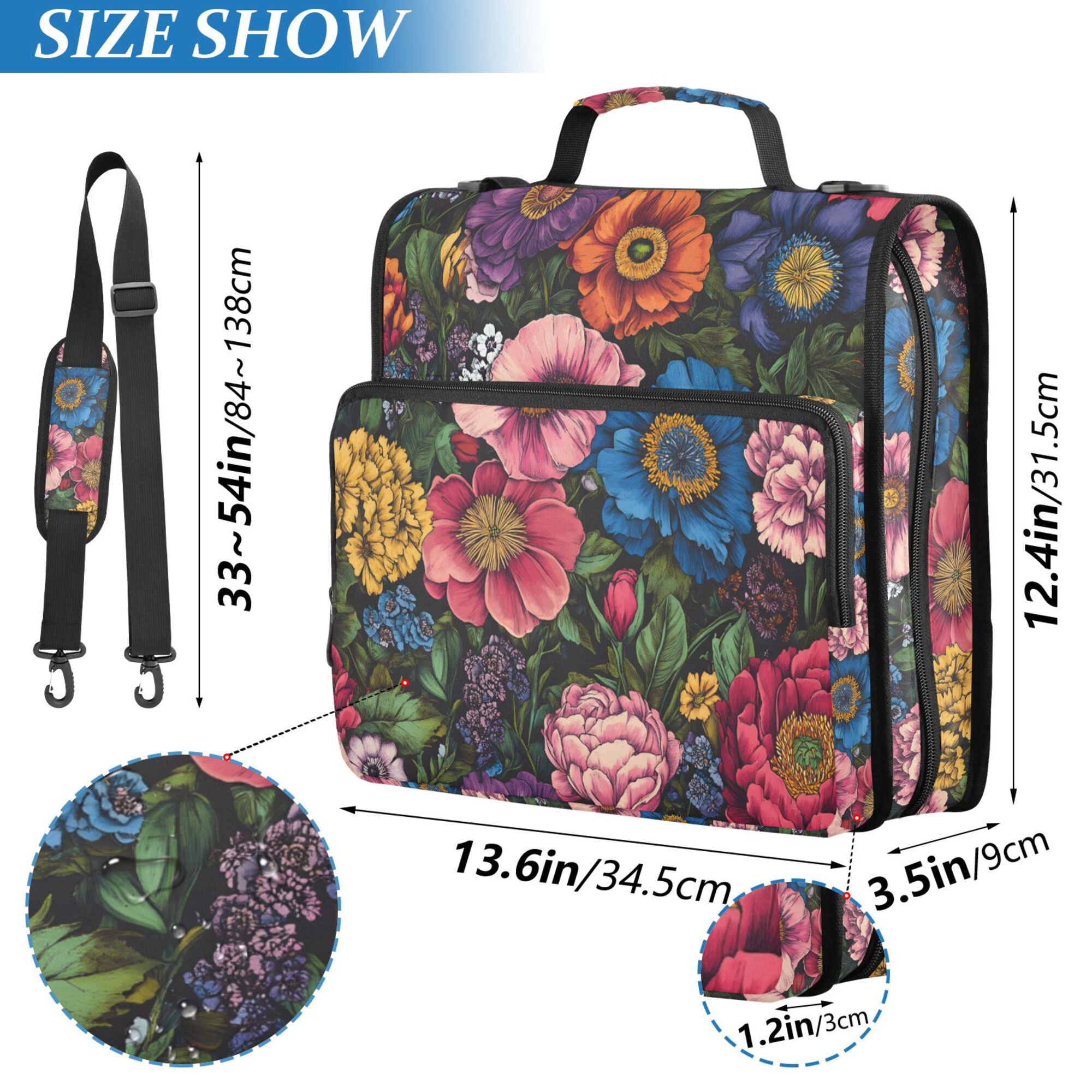FORMRS Zipper Binder with Shoulder Strap 2-inch Ring 500 Sheet Capacity File Bag, Vibrant Blooming Flowers