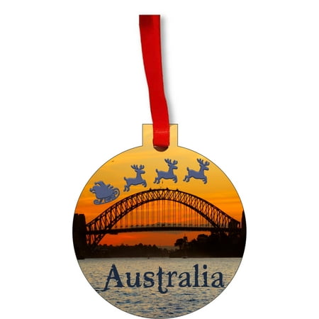 Santa Klaus and Sleigh Riding Over the Sydney Harbor Bridge, Australia Round Shaped Flat Hardboard Christmas Ornament Tree Decoration - Unique Modern Novelty Tree Décor