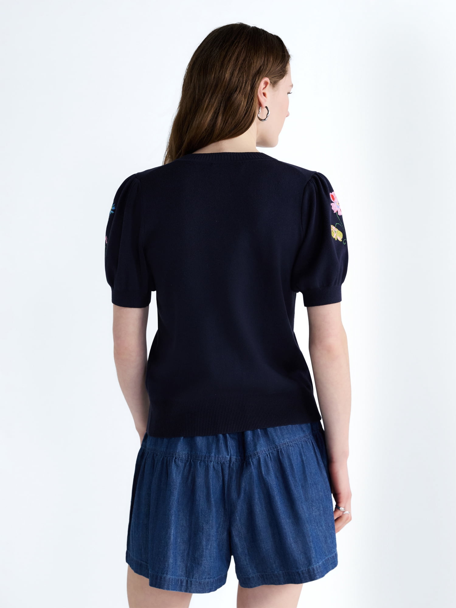 Free Assembly Women's and Women's Plus Embroidered Cardigan Sweater with Puff Sleeves, Lightweight, Sizes XS-4X
