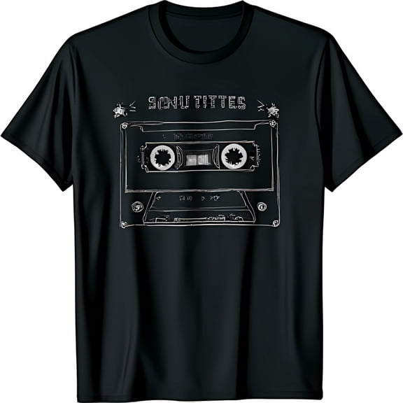 Vintage Cassette Tape Graphic Black T-Shirt TITTES Sketch Design