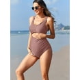 thumbnail image 3 of Attraco Maternity Monokini One Piece Swimsuit Scalloped Cut Out Ruched High Waisted Scoop Neck Pregnancy Swimwear, 3 of 7