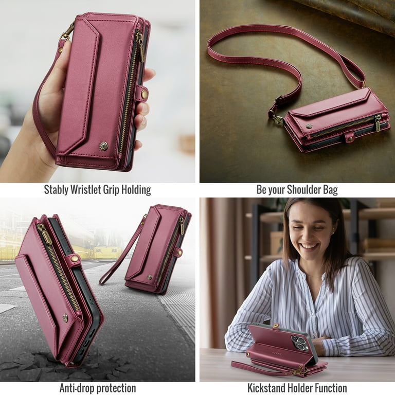 Hanman Magnetische Wallet Case voor iPhone 16 Pro, RFID-blokkering Lederen Rits Portemonnee Magnetische Case met Ketting Patche voor iPhone 16 Pro, Afneembare Magnetische Wallet Case voor iPhone 16