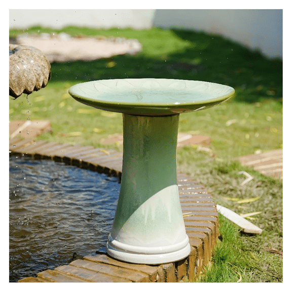17'' Ceramic Bird Bath for Outside, Elegant Tall Outdoor Bird Bath, Lightweight Pedestal Glazed Birdbaths for Outdoors with floral Pattern, Ombre Green