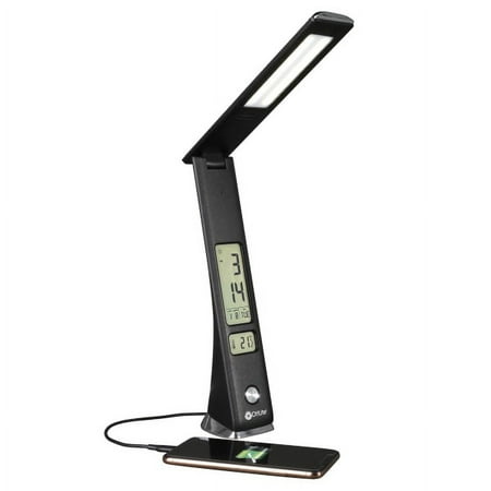OttLite - Rise LED Desk Lamp w/ LCD Smart Display, USB Charging Port, 3 Brightness Settings, 3 Color Temperatures & Foldable Shade - Black