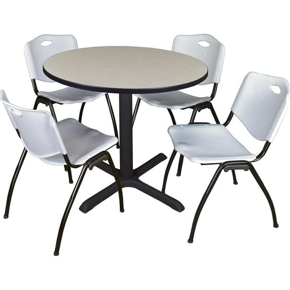 HomeStock Gothic Grandeur 42" Round Breakroom Table- Maple & 4 'M' Stack Chairs- Grey, Ideal for Cafeterias, Dining, and Office Spaces