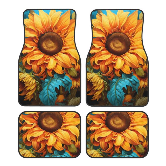 Kdxio Deep Yellow Colorful Sunflower Print Car Floor Mats Universal SUV Front Rear Floor Foot Mats 4-Piece Full Set with Non-Slip Rubber Backing Car Accessories for Most Cars