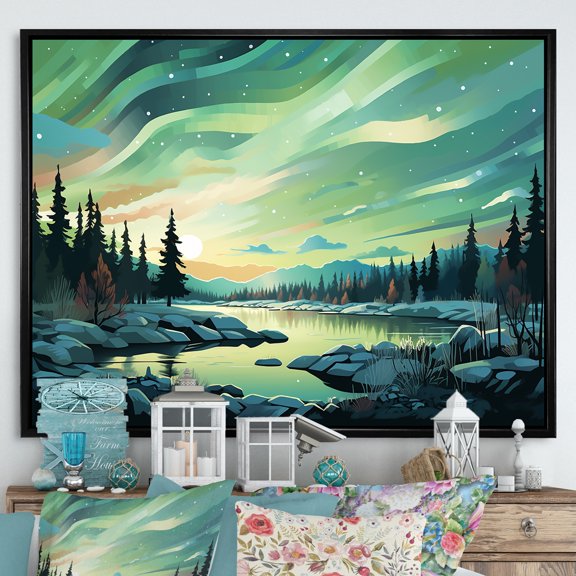 Designart "Minimalist Scenery Of The Northern Lights" Northern Lights Floater Framed Canvas Wall Art