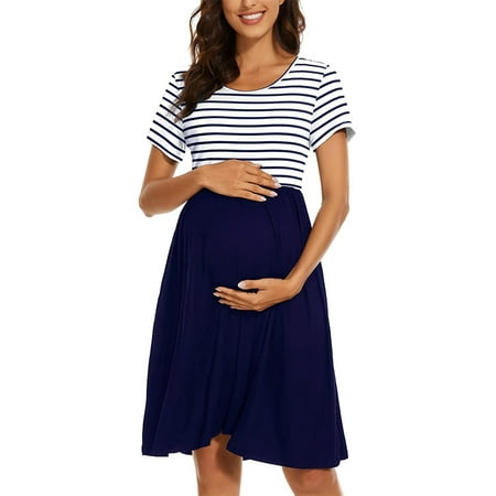 

Maternity Dress Casual Patchwork Short Sleeve Dress with Pocket for Photoshoot Pregnancy Summer Clothes