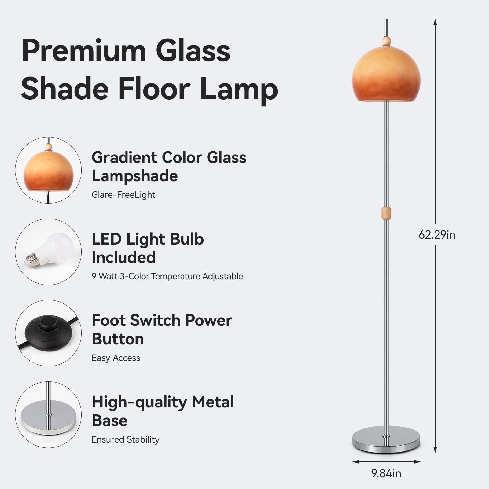 SUNMORY Glass Floor Lamps for Living Room, Modern Floor Lamps with Glass Shade & Silver Base, Mid Century Tall Standing Lamps for Bedroom, Office, Dining Room, Reading Nook, Elegant Ambient Lighting