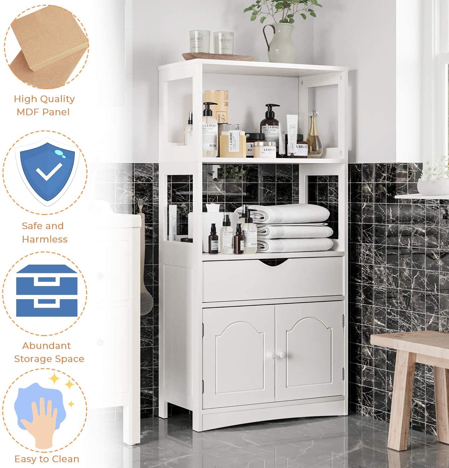 Sideboard Storage Cabinet with Drawer&Shelves, Kitchen Pantry Storage Cabinet with Microwave Space&Cupboard, Modern Freestanding Floor Bathroom Cabinet/Bookshelf for Home Office, White