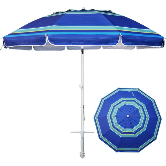 AMMSUN 8FT Large Heavy Duty Beach Umbrella with Sand Anchor UPF50 Tilt Shelter Outdoor,Stripe Blue