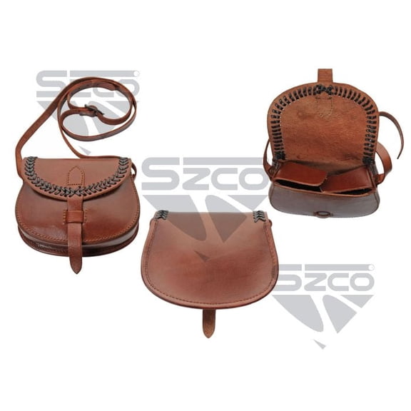 SZCO 8.5" x 6.5" Medieval Brown Leather Shoulder Bag – Soft Strap Pouch with Cross Strap Closure & Black Accents